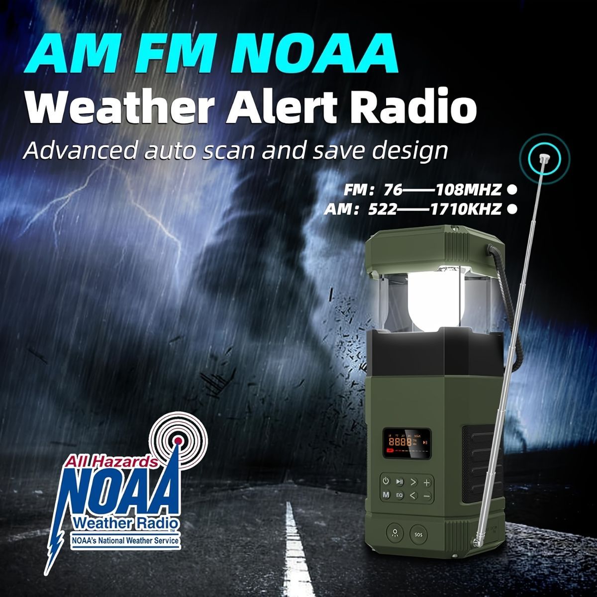 AM FM radio, NOAA weather alert radio, hand crank emergency radio, solar camping light, Bluetooth speaker radio, portable phone charger radio, outdoor survival radio, camping radio Australia, disaster preparedness radio, rechargeable weather radio - Green - Image 3