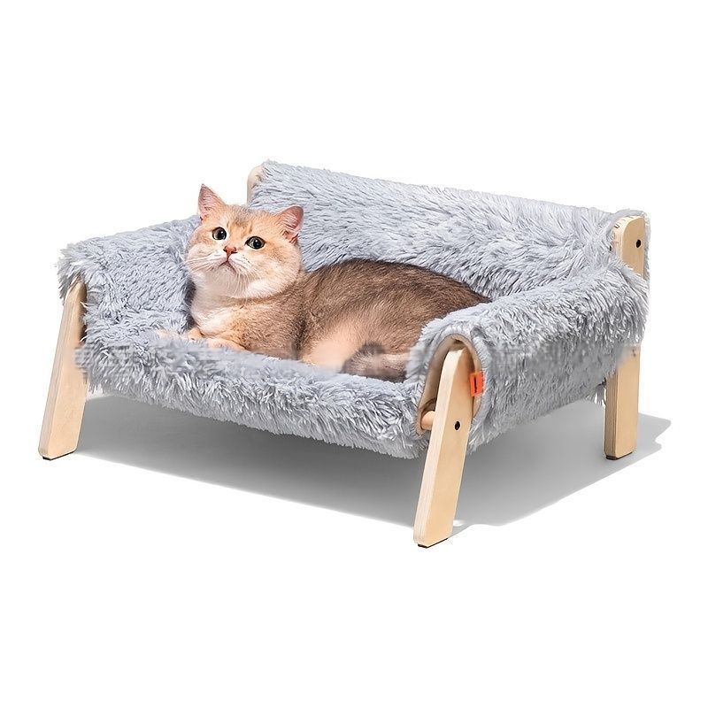 cat sofa bed, faux-fur cat bed, checkered pet bed, warm pet bed, washable pet bed, wooden cat bed, small dog bed, Australian pet bed - Beige - Size L - Image 2