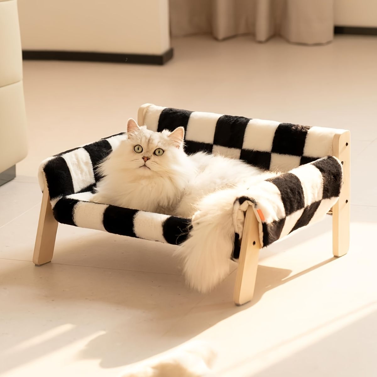 cat sofa bed, faux-fur cat bed, checkered pet bed, warm pet bed, washable pet bed, wooden cat bed, small dog bed, Australian pet bed - Brown - Size L - Image 7