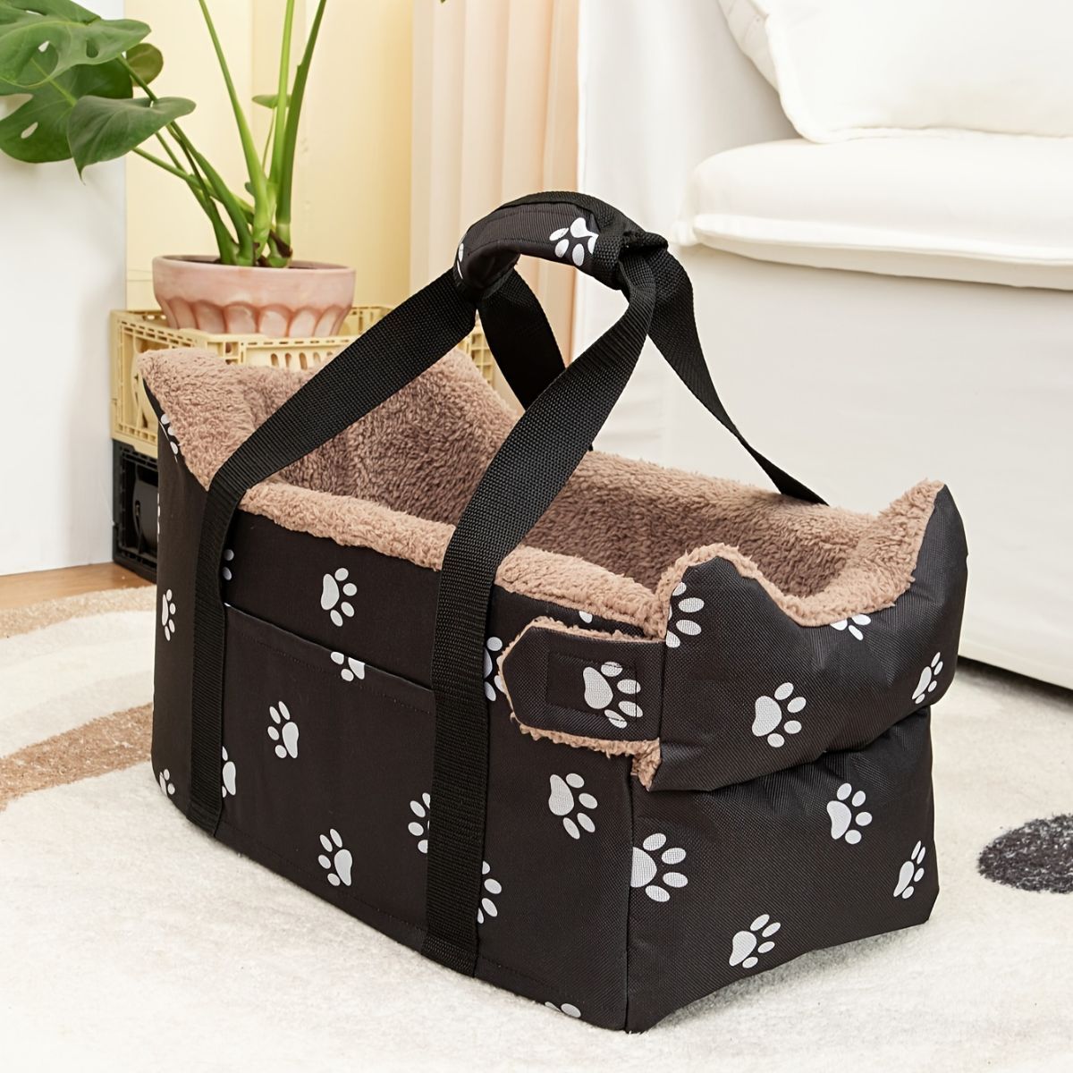 Portable Dog Carrier Dog Transport Box Furry Lining Dog Carrier High-Quality - Black - Size Regular - Image 6