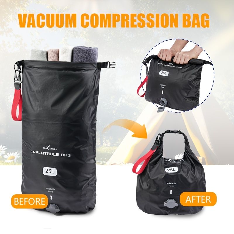 Black inflatable dry bag set, 25L dry bag, waterproof travel bag, inflatable waterproof bag, outdoor dry bag, camping gear, beach essentials, Australia travel accessories, water sports bag, dry bag 25 litre, cushioning dry bag, hiking bag - Image 1
