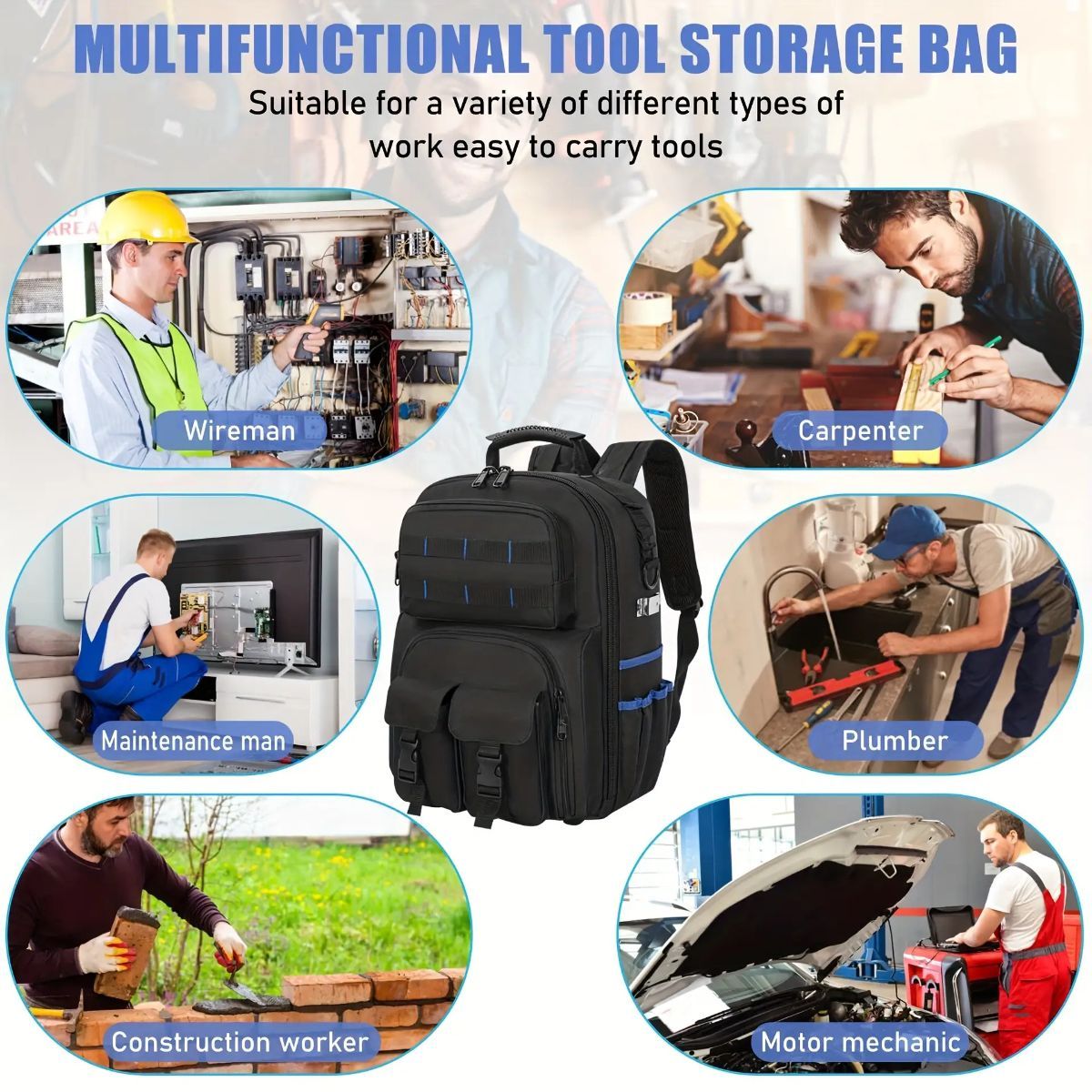 Tool Backpack Tool Storage Professional Tool Bag DIY Tool Backpack Tool - Black - Size regular - Image 7