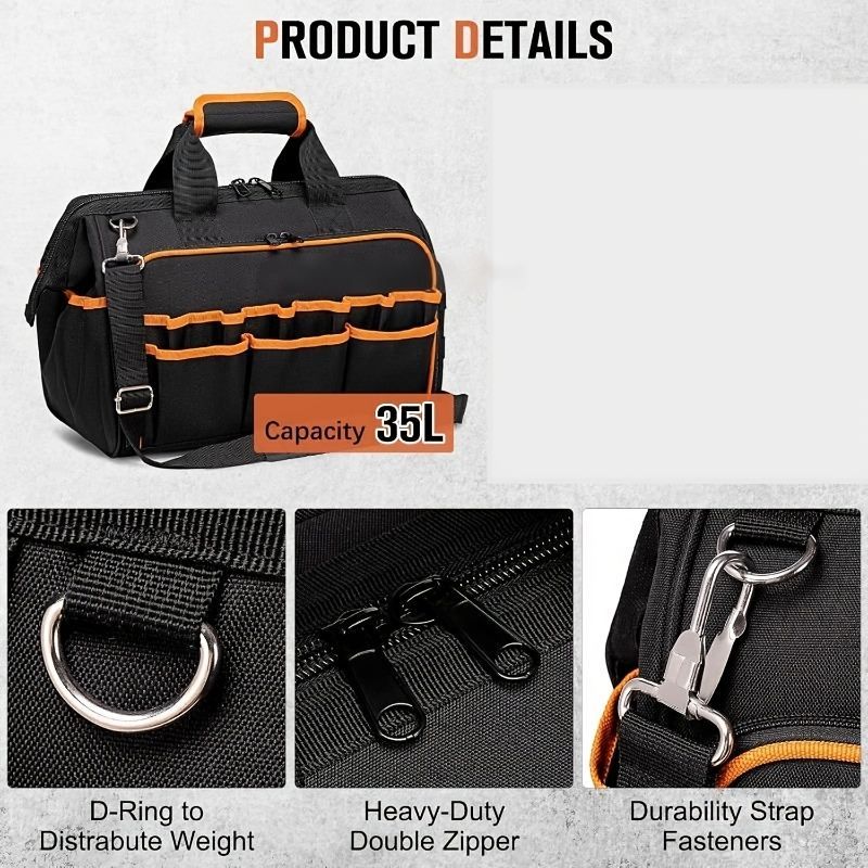 Tool Bag Heavy-Duty Tool Storage Multiple Compartments Durable Tool Bag - Black - Size regular - Image 4