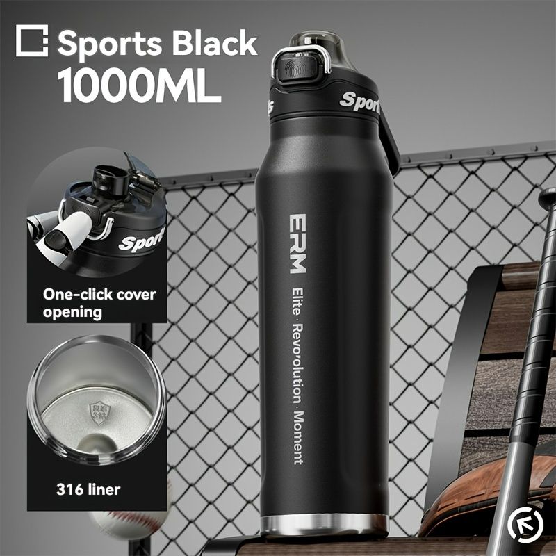 Black insulated water bottle, sports bottle 1000ml, 316 stainless steel bottle, one-click water bottle, gym water bottle Australia, BPA-free bottle, vacuum insulated, leak-proof water bottle - Image 5