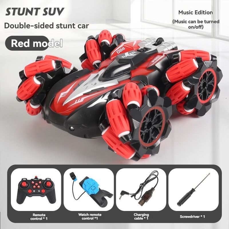 2.4G remote control car, electric stunt car, drifting car, spray function, kids toy car, double-sided stunt car, watch remote control, outdoor RC toy, rechargeable toy car - Red - Size Dual-control - Image 1