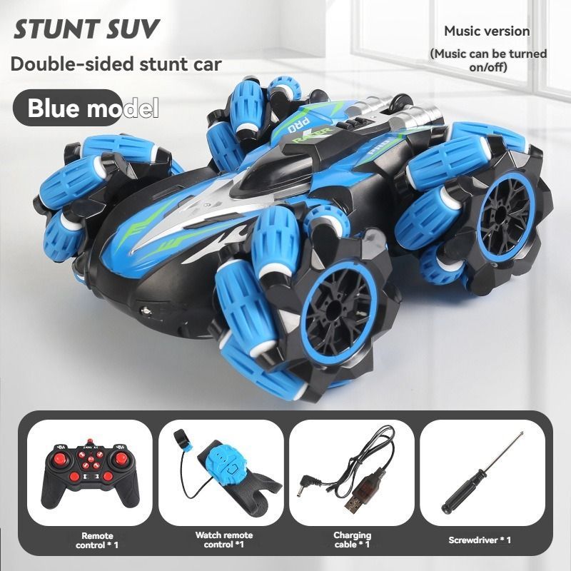 2.4G remote control car, electric stunt car, drifting car, spray function, kids toy car, double-sided stunt car, watch remote control, outdoor RC toy, rechargeable toy car - Red - Size Dual-control - Image 2