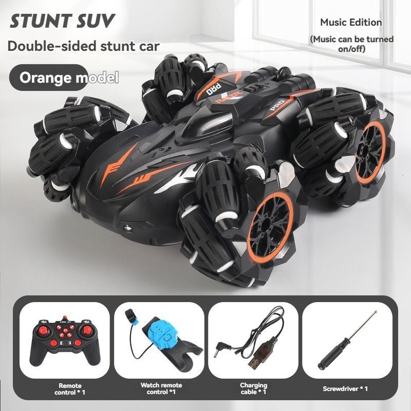 2.4G remote control car, electric stunt car, drifting car, spray function, kids toy car, double-sided stunt car, watch remote control, outdoor RC toy, rechargeable toy car - Red - Size Dual-control - Image 4
