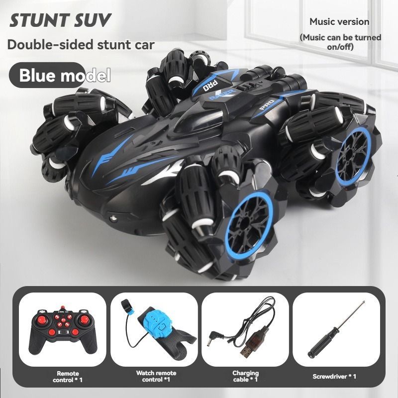 2.4G remote control car, electric stunt car, drifting car, spray function, kids toy car, double-sided stunt car, watch remote control, outdoor RC toy, rechargeable toy car - black and blue - Size Dual-control - Image 2
