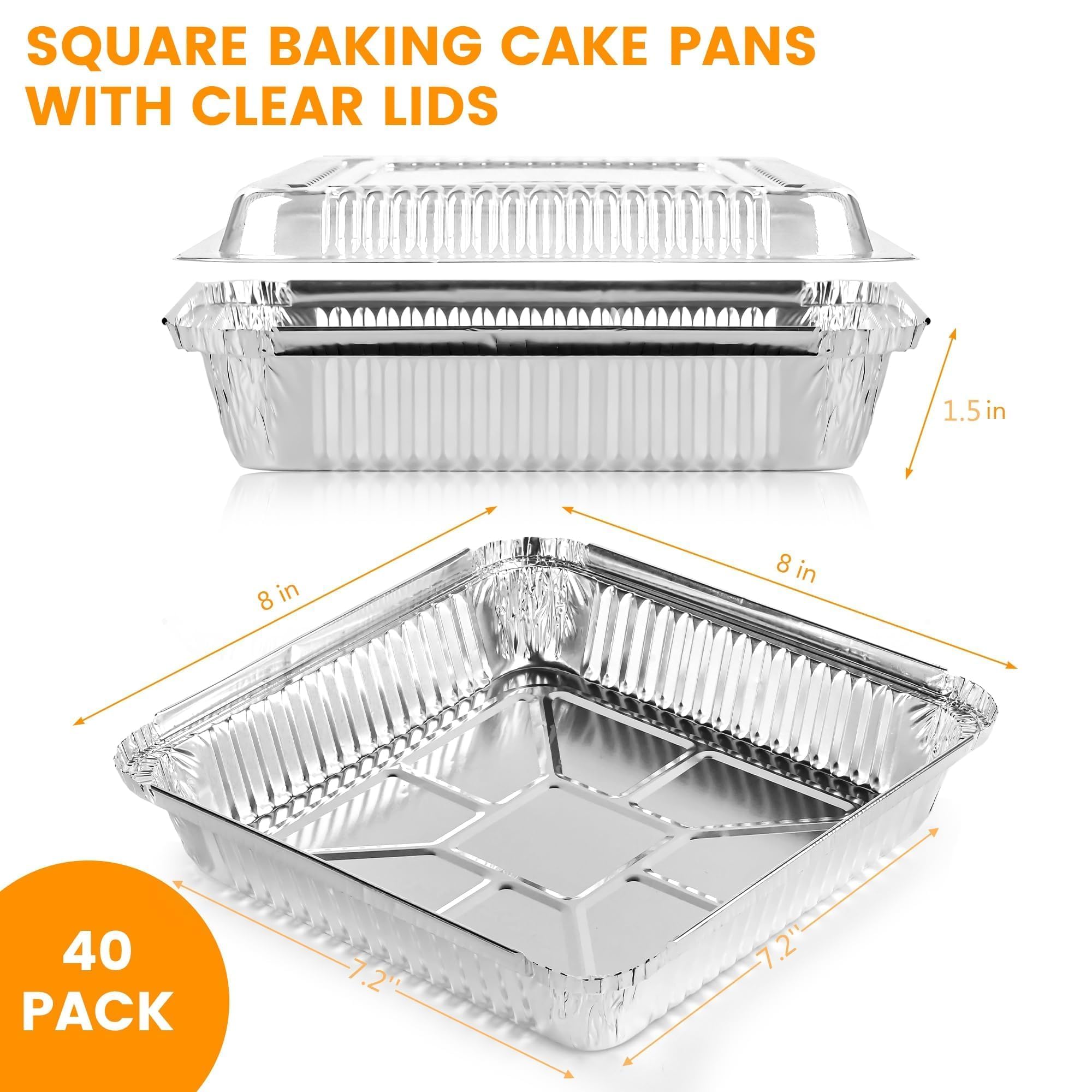 40 Pack 8x8 Inch (Approx. 20.3 x 20.3 cm) Aluminum Pans with Clear Plastic Lids - Square Baking Cake Pans - Foil Pans with Lids - Disposable Food Containers Ideal for Cooking, Heating, Storing, and Food Preparation - Image 2