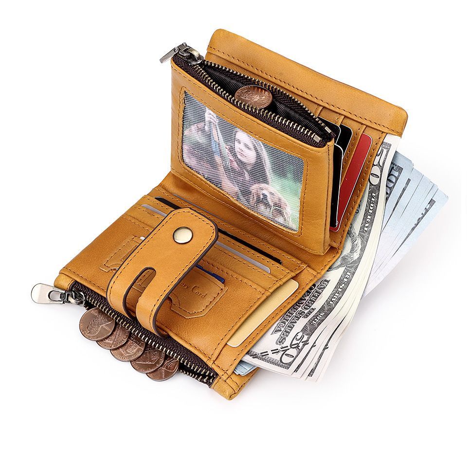 men's genuine leather wallet, RFID-blocking wallet, short men's wallet, multi-card slot wallet, multiple zipper coin pocket wallet - Brown - Size L - Image 8