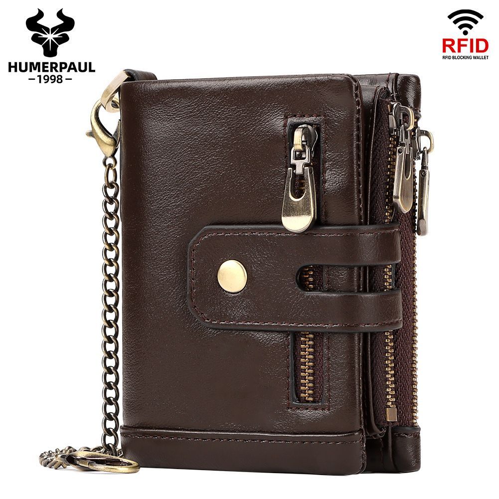 men's genuine leather wallet, RFID-blocking wallet, short men's wallet, multi-card slot wallet, multiple zipper coin pocket wallet - Camel - Size L - Image 1