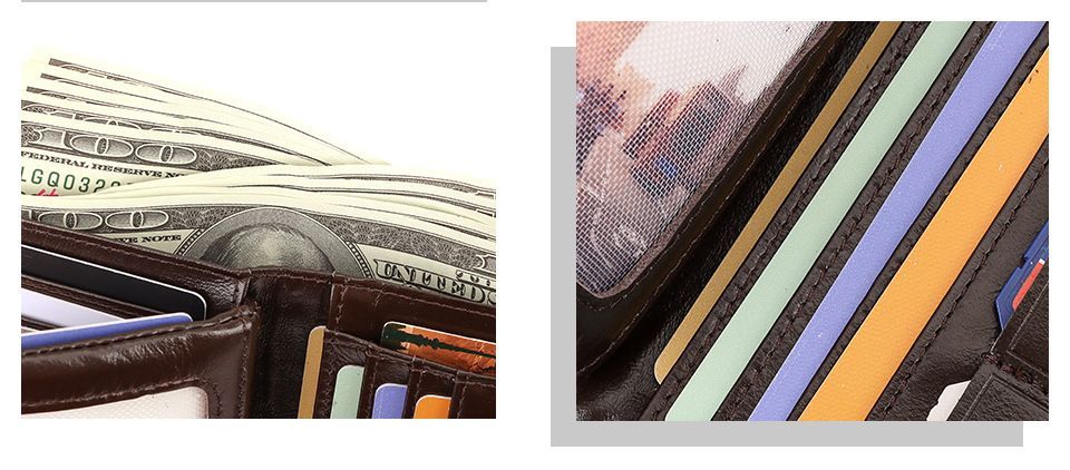 men's genuine leather wallet, RFID-blocking wallet, short men's wallet, multi-card slot wallet, multiple zipper coin pocket wallet - Camel - Size L - Image 4