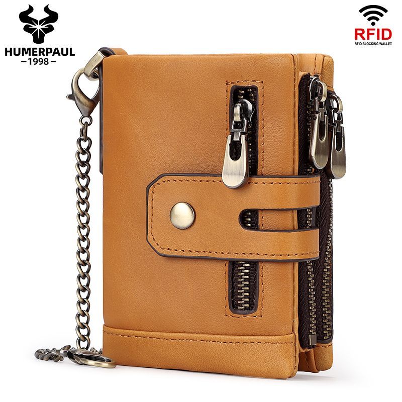 men's genuine leather wallet, RFID-blocking wallet, short men's wallet, multi-card slot wallet, multiple zipper coin pocket wallet - Camel - Size L - Image 7