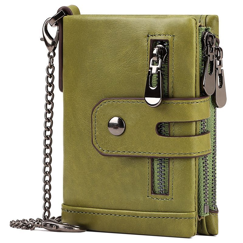 men's genuine leather wallet, RFID-blocking wallet, short men's wallet, multi-card slot wallet, multiple zipper coin pocket wallet - Green - Size L - Image 1