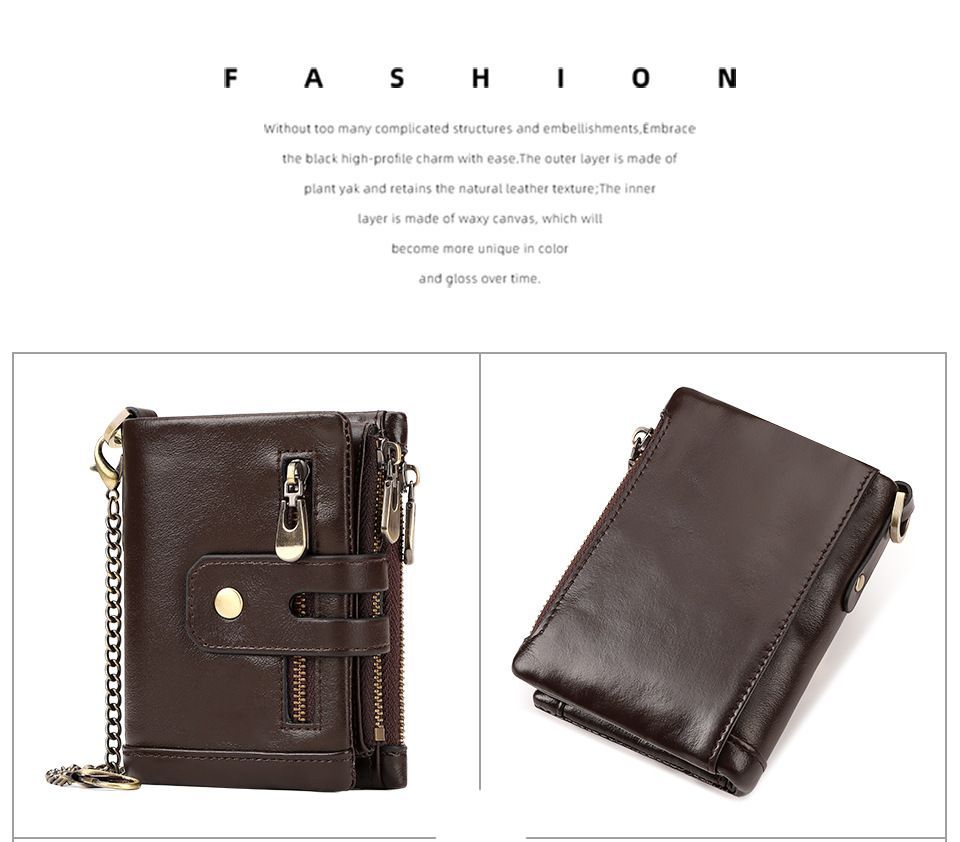 men's genuine leather wallet, RFID-blocking wallet, short men's wallet, multi-card slot wallet, multiple zipper coin pocket wallet - Green - Size L - Image 2