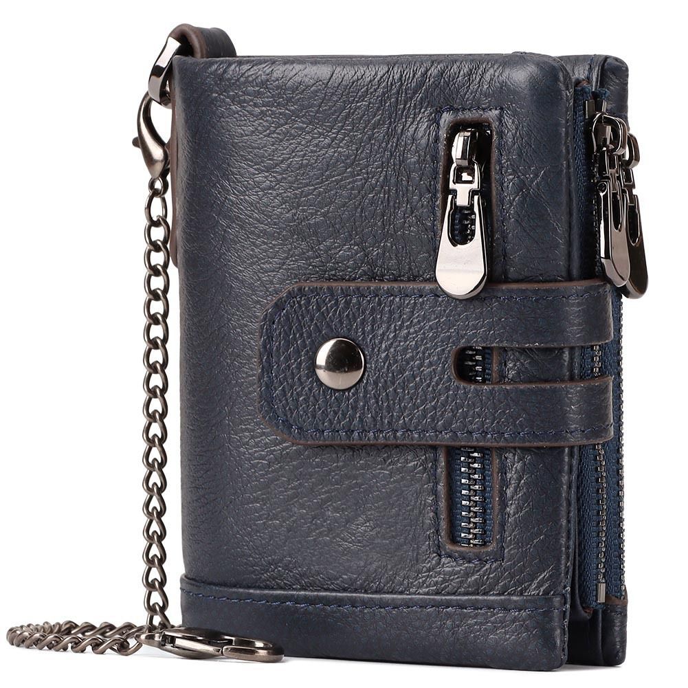 men's genuine leather wallet, RFID-blocking wallet, short men's wallet, multi-card slot wallet, multiple zipper coin pocket wallet - Navy - Size L - Image 1
