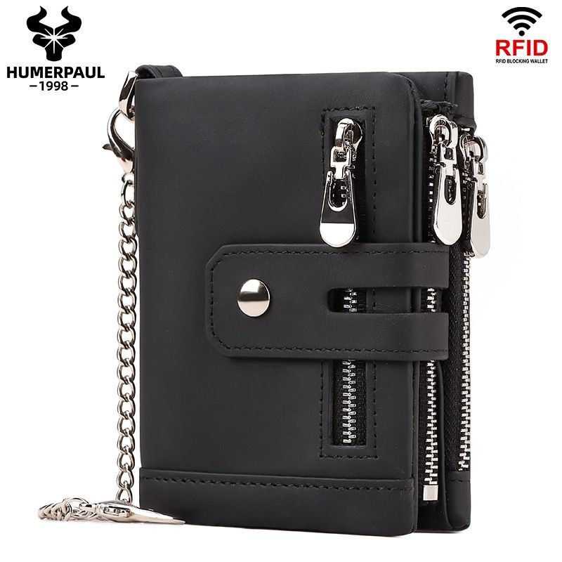 men's genuine leather wallet, RFID-blocking wallet, short men's wallet, multi-card slot wallet, multiple zipper coin pocket wallet - Navy - Size L - Image 3