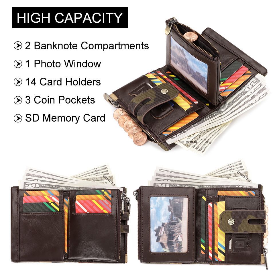 men's genuine leather wallet, RFID-blocking wallet, short men's wallet, multi-card slot wallet, multiple zipper coin pocket wallet - Red - Size L - Image 7