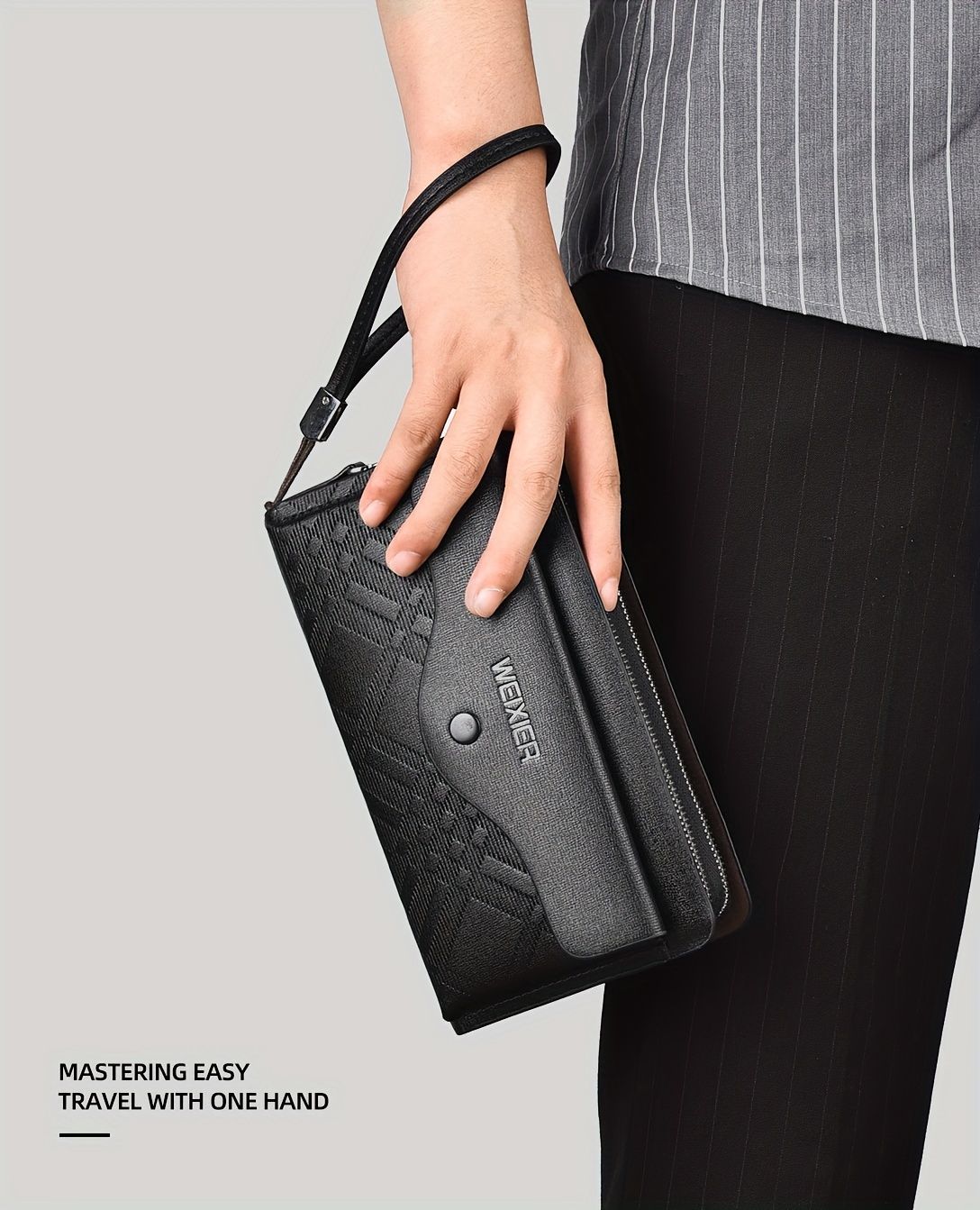 men's business clutch bag, large capacity handbag, double zipper wallet, multi card slots purse, PU leather men's accessory, waterproof men's bag, Australian professional clutch, executive clutch bag - Black - Size M - Image 7