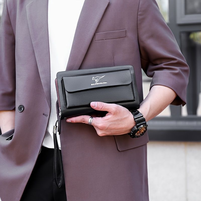 men's business clutch, double zipper handbag, large capacity phone bag, men's accessories, leather clutch bag, business travel wallet, minimalist clutch - Black2 - Size L - Image 8