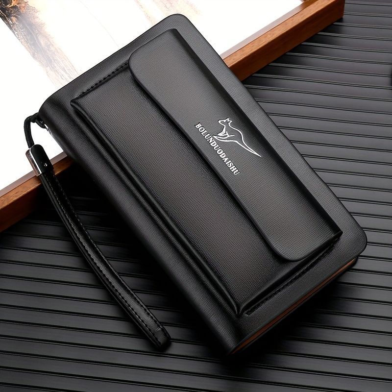 men's business clutch, double zipper handbag, large capacity phone bag, men's accessories, leather clutch bag, business travel wallet, minimalist clutch - Black - Size L - Image 1