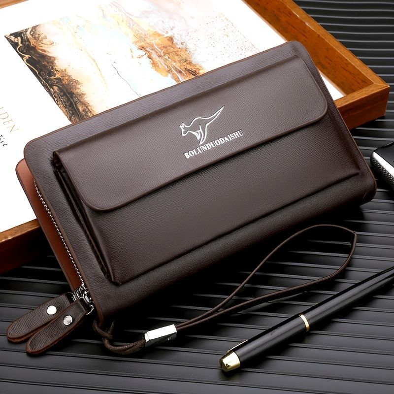 men's business clutch, double zipper handbag, large capacity phone bag, men's accessories, leather clutch bag, business travel wallet, minimalist clutch - Brown - Size L - Image 1