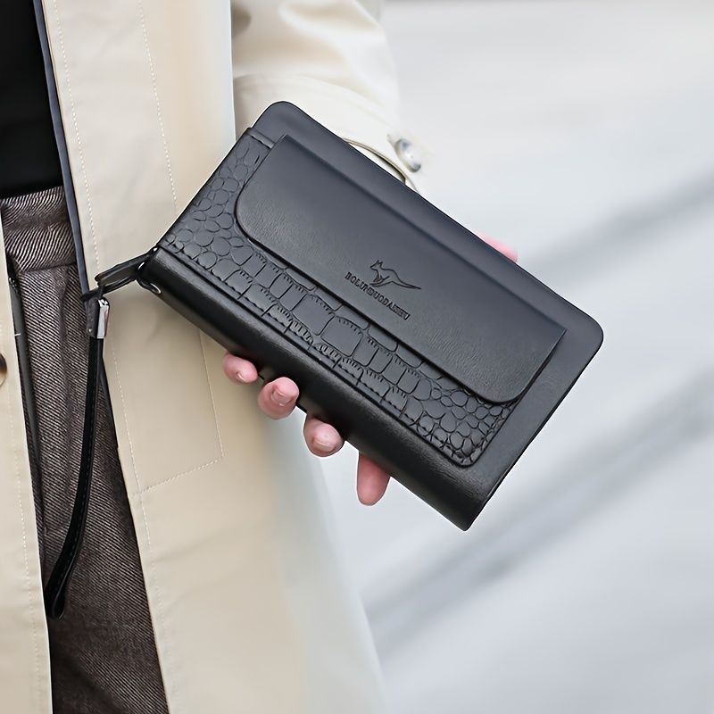 men's business clutch, double zipper handbag, large capacity phone bag, men's accessories, leather clutch bag, business travel wallet, minimalist clutch - Brown - Size L - Image 6