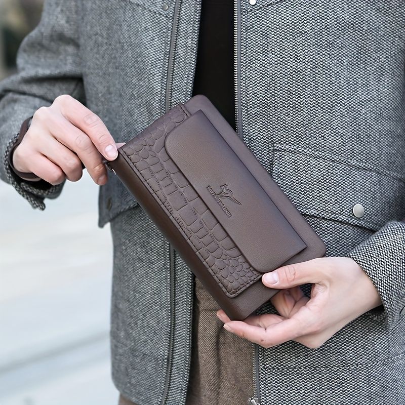 men's business clutch, double zipper handbag, large capacity phone bag, men's accessories, leather clutch bag, business travel wallet, minimalist clutch - Brown2 - Size L - Image 1