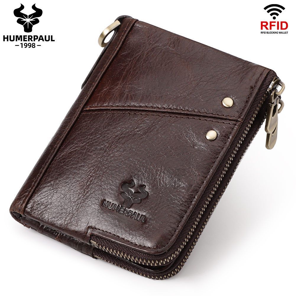men's genuine leather wallet, RFID blocking wallet, double zipper coin purse, multiple card slots wallet, men's accessory, Australian wallet, leather coin purse, secure wallet men - Carbon -fiber black - Size M - Image 5