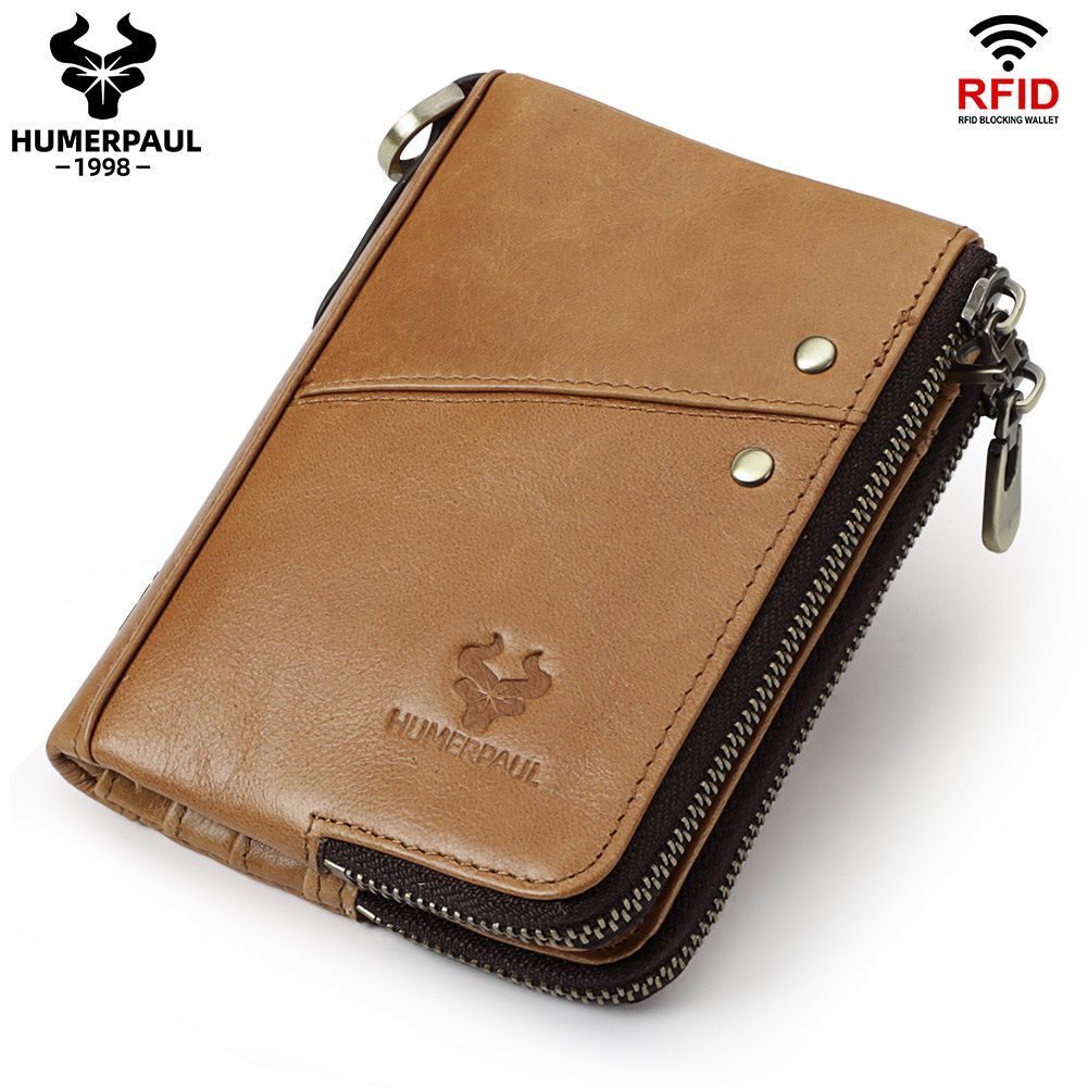 men's genuine leather wallet, RFID blocking wallet, double zipper coin purse, multiple card slots wallet, men's accessory, Australian wallet, leather coin purse, secure wallet men - Light Brown - Size M - Image 1