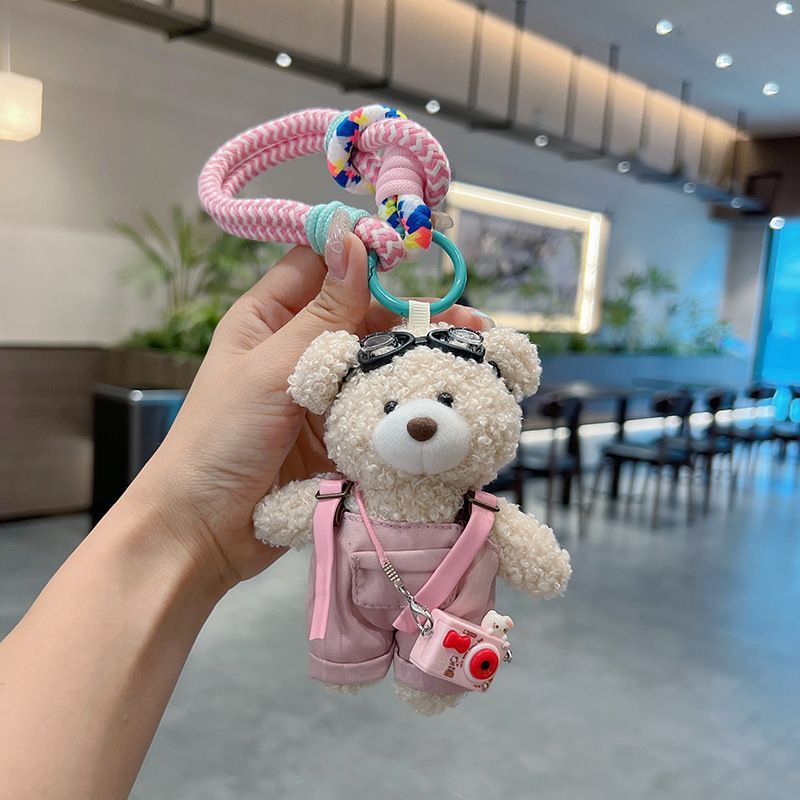 cute teddy bear keychain, plush teddy bear, teddy bear with goggles, teddy bear overalls, fashion keychain, bag charm, cute accessories - Pink - Size 1 - Image 1