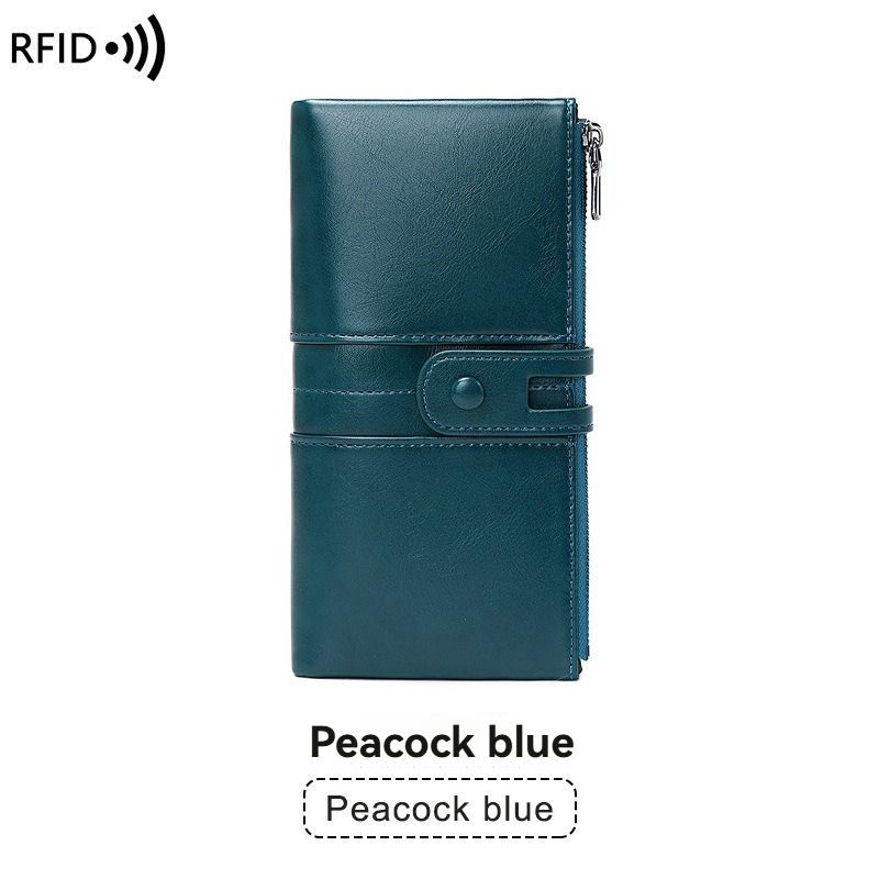 women's leather wallet, anti-skimming wallet, retro style wallet, Korean fashion wallet, long wallet for women, ladies accessory, RFID blocking wallet, genuine leather clutch - Green - Size L - Image 7