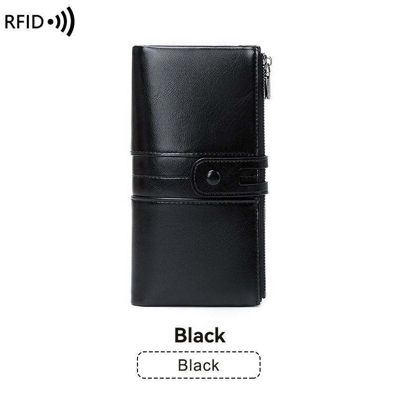 women's leather wallet, anti-skimming wallet, retro style wallet, Korean fashion wallet, long wallet for women, ladies accessory, RFID blocking wallet, genuine leather clutch - Red - Size L - Image 2