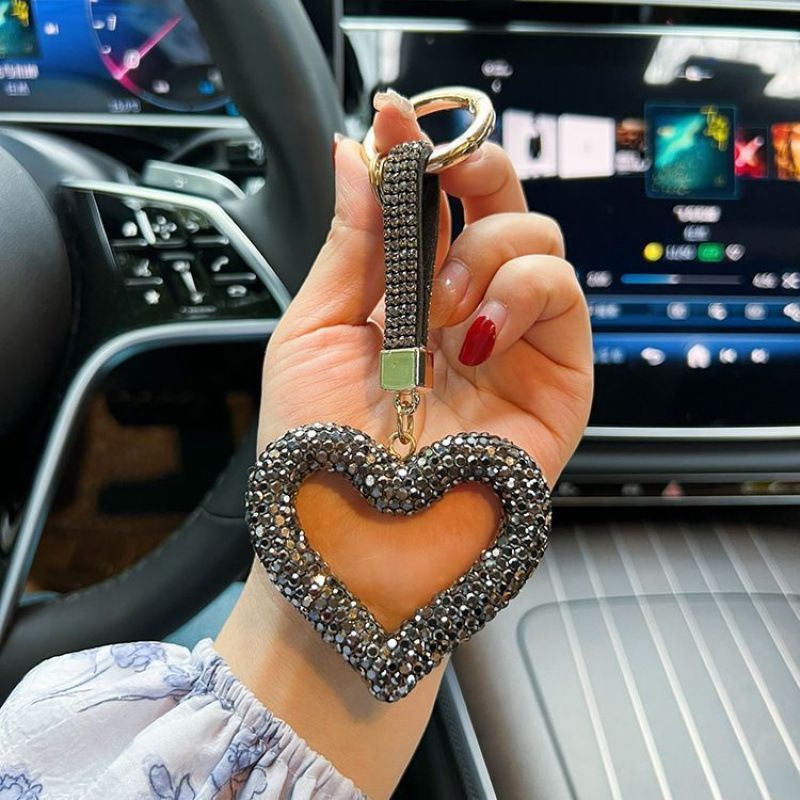 red heart keychain, hollowed-out clay keychain, full diamond keychain, car key accessory, women's fashion accessory, Australian fashion, gift for her, sparkly keychain, clay keyring - Black - Size Fully - studded leather cord - Image 1