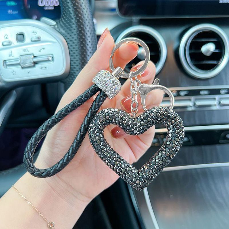 red heart keychain, hollowed-out clay keychain, full diamond keychain, car key accessory, women's fashion accessory, Australian fashion, gift for her, sparkly keychain, clay keyring - Black - Size White diamond leather cord - Image 1