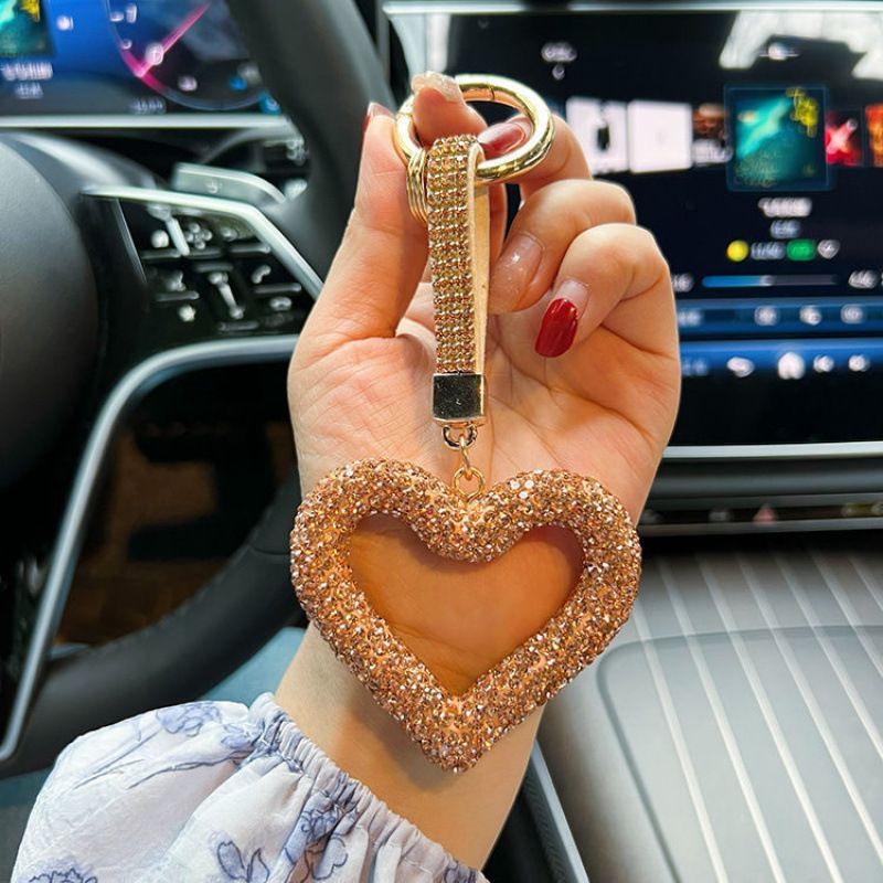 red heart keychain, hollowed-out clay keychain, full diamond keychain, car key accessory, women's fashion accessory, Australian fashion, gift for her, sparkly keychain, clay keyring - Gold - Size Fully - studded leather cord - Image 1