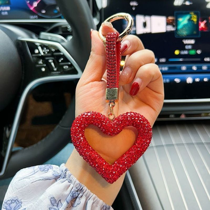 red heart keychain, hollowed-out clay keychain, full diamond keychain, car key accessory, women's fashion accessory, Australian fashion, gift for her, sparkly keychain, clay keyring - Red - Size Fully - studded leather cord - Image 1