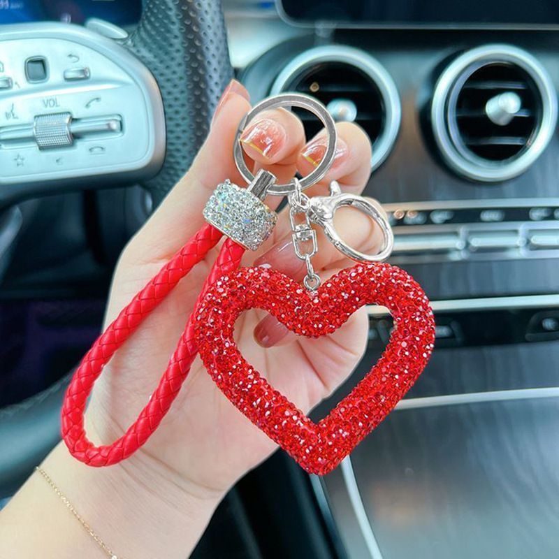 red heart keychain, hollowed-out clay keychain, full diamond keychain, car key accessory, women's fashion accessory, Australian fashion, gift for her, sparkly keychain, clay keyring - Red - Size White diamond leather cord - Image 1