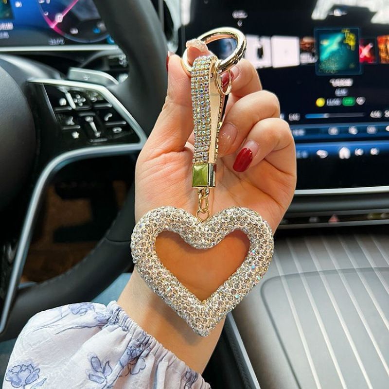 red heart keychain, hollowed-out clay keychain, full diamond keychain, car key accessory, women's fashion accessory, Australian fashion, gift for her, sparkly keychain, clay keyring - White - Size Fully - studded leather cord - Image 1