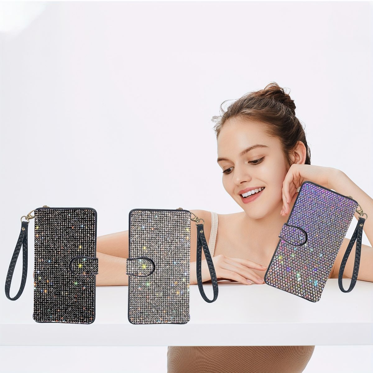 rhinestone card holder, checkbook clutch, rhinestone clutch, multiple card slots, sparkling accessory, glamorous wallet, crystal card case, protective cover, women's clutch, jewellery clutch - White - Size L - Image 8