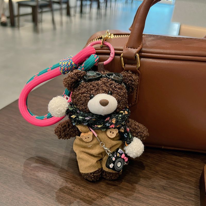 cute plush teddy bear keychain, scarf, overalls, Korean-style keychain, plush keychain, teddy bear accessory, small plushie, bag charm, gift for teen, Australian fashion accessoryv - Mocha - Size 1 - Image 1