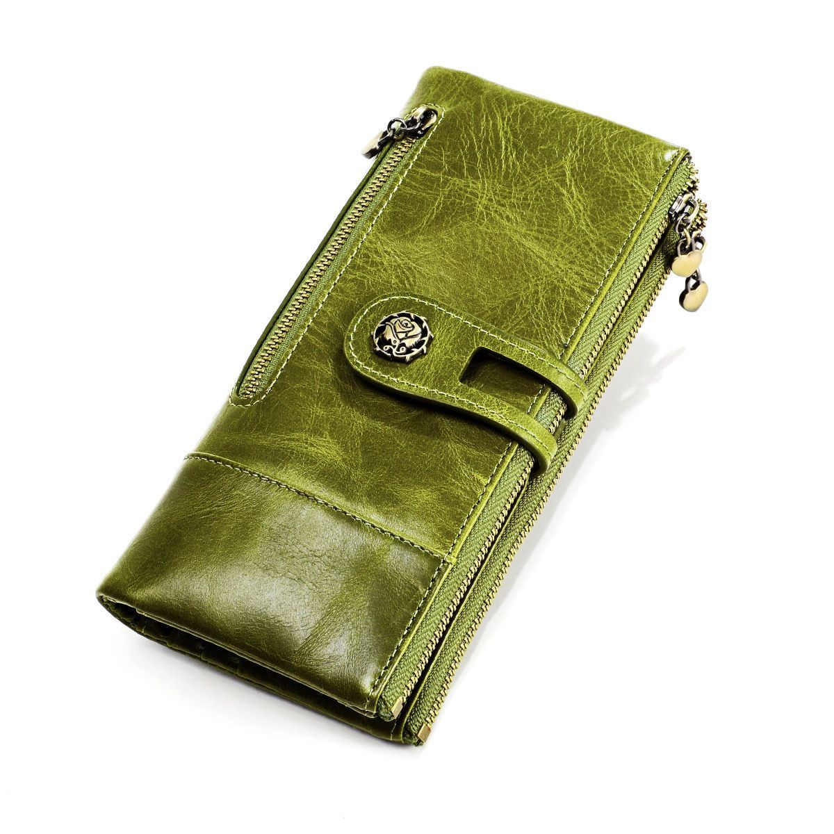 women's leather wallet, anti-skimming wallet, retro style wallet, Korean fashion wallet, long wallet for women, ladies accessory, RFID blocking wallet, genuine leather clutch - bottle green - Size L - Image 5