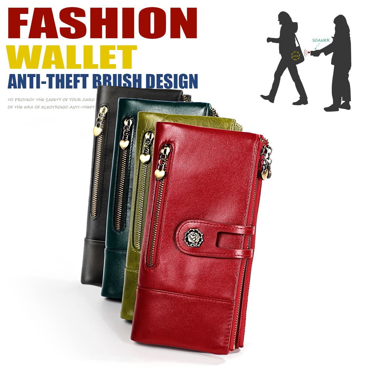 women's leather wallet, anti-skimming wallet, retro style wallet, Korean fashion wallet, long wallet for women, ladies accessory, RFID blocking wallet, genuine leather clutch - Red - Size L - Image 7