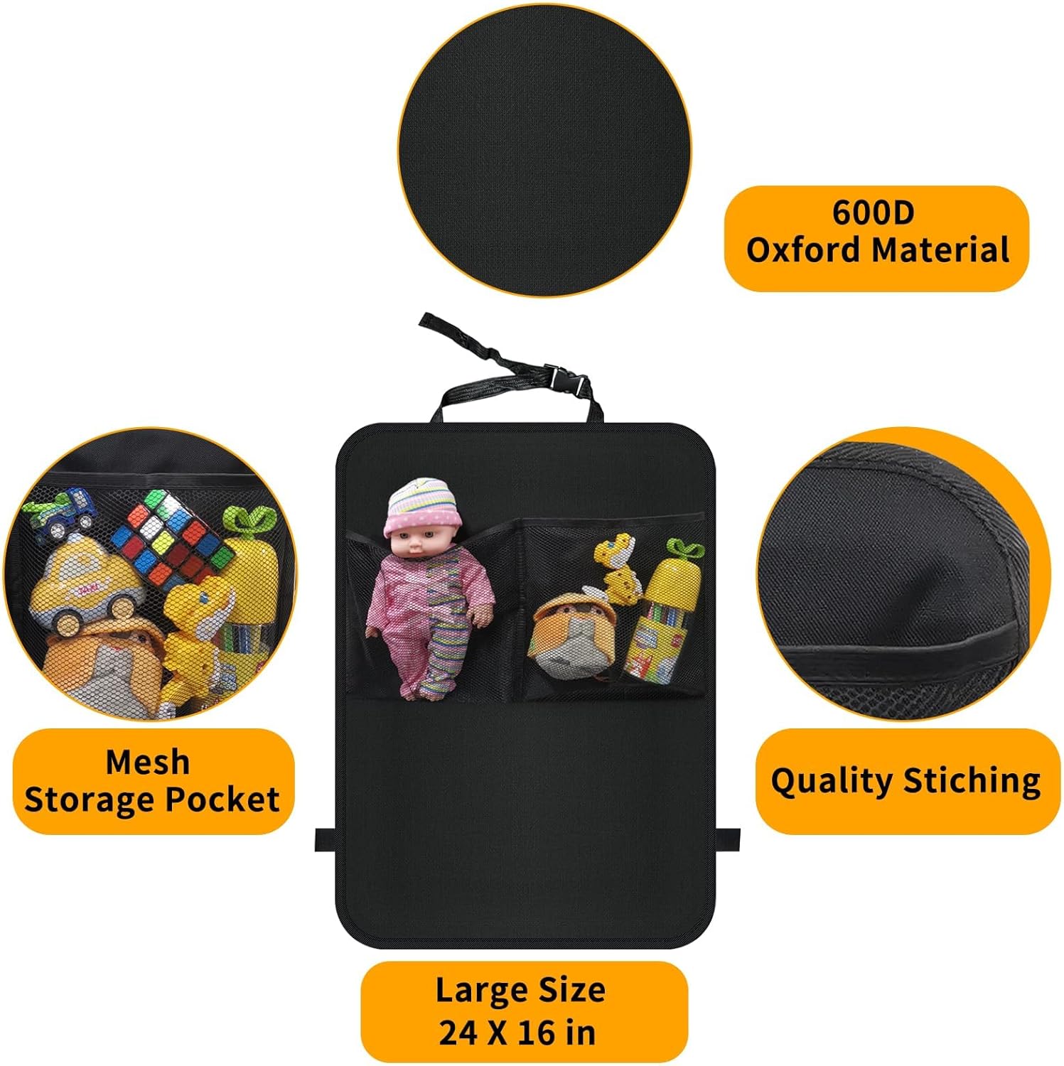 Kicking Mat with Organizer - 2 Pack Rear Seat Protector Seat Cover for your car, SUV, minivan or truck seat - Vehicle Rear Seat Child Safety Accessory - GM Interior Protector - Image 7