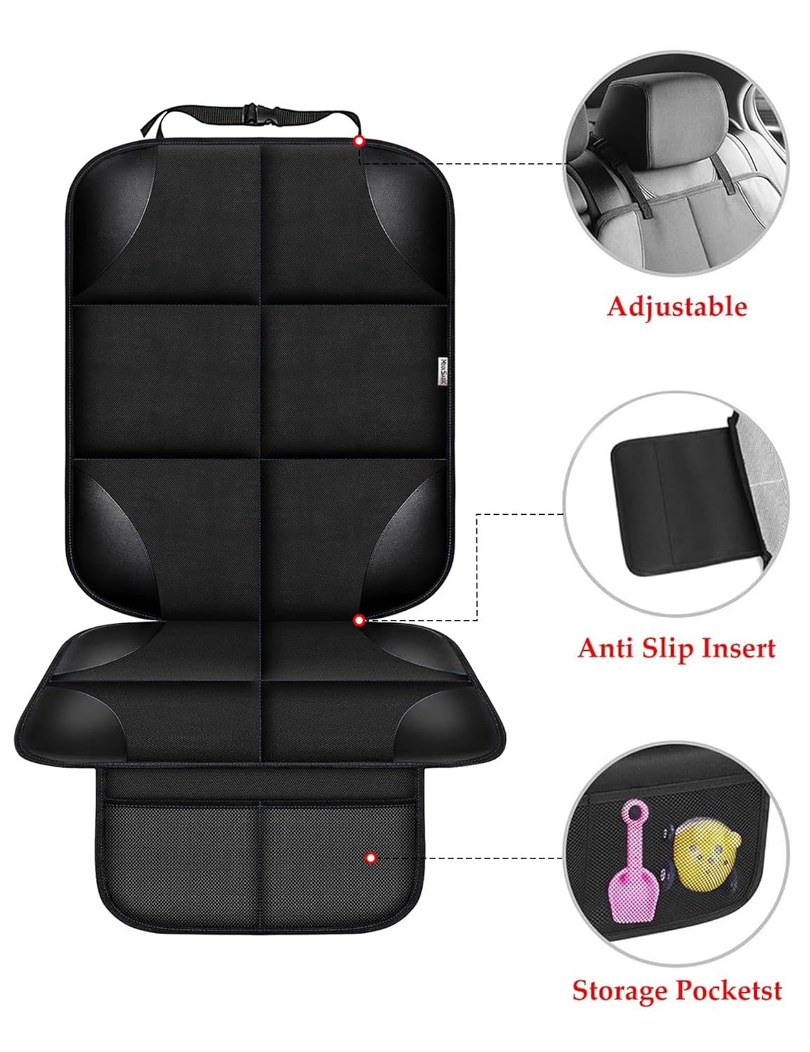 Child Car Seat Protector, Durable 600D Fabric Waterproof Car Seat Cover with Thick Padded Non-Slip Backing, No Imprint (Black 1 Piece) - Image 3