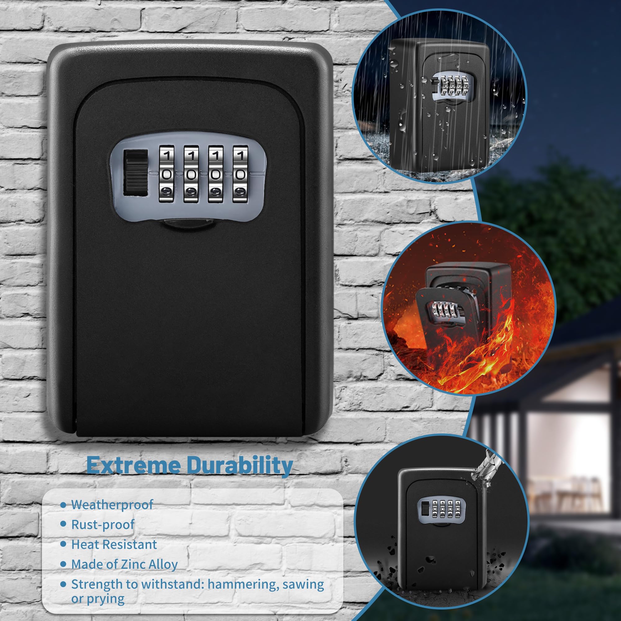 Wall-mounted Key Lock Box, Outdoor 4-Digit Weatherproof Lock Box, Large Capacity Lock Box for 5 Keys, Key Safe Storage Box, Indoor & Outdoor Garage Resettable Combination Lock Box - Image 5