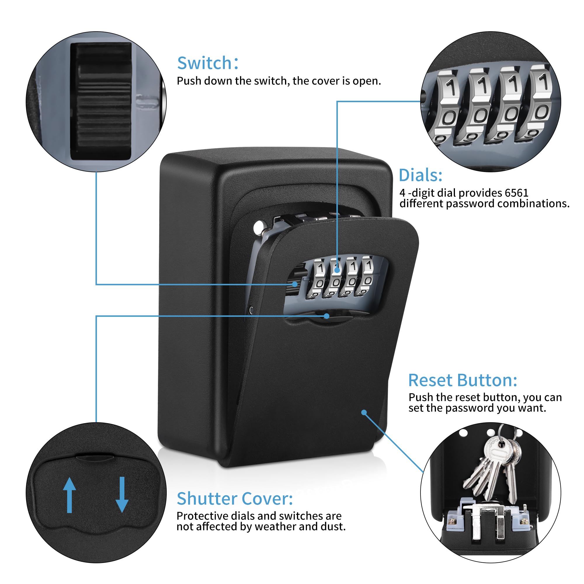 Wall-mounted Key Lock Box, Outdoor 4-Digit Weatherproof Lock Box, Large Capacity Lock Box for 5 Keys, Key Safe Storage Box, Indoor & Outdoor Garage Resettable Combination Lock Box - Image 6