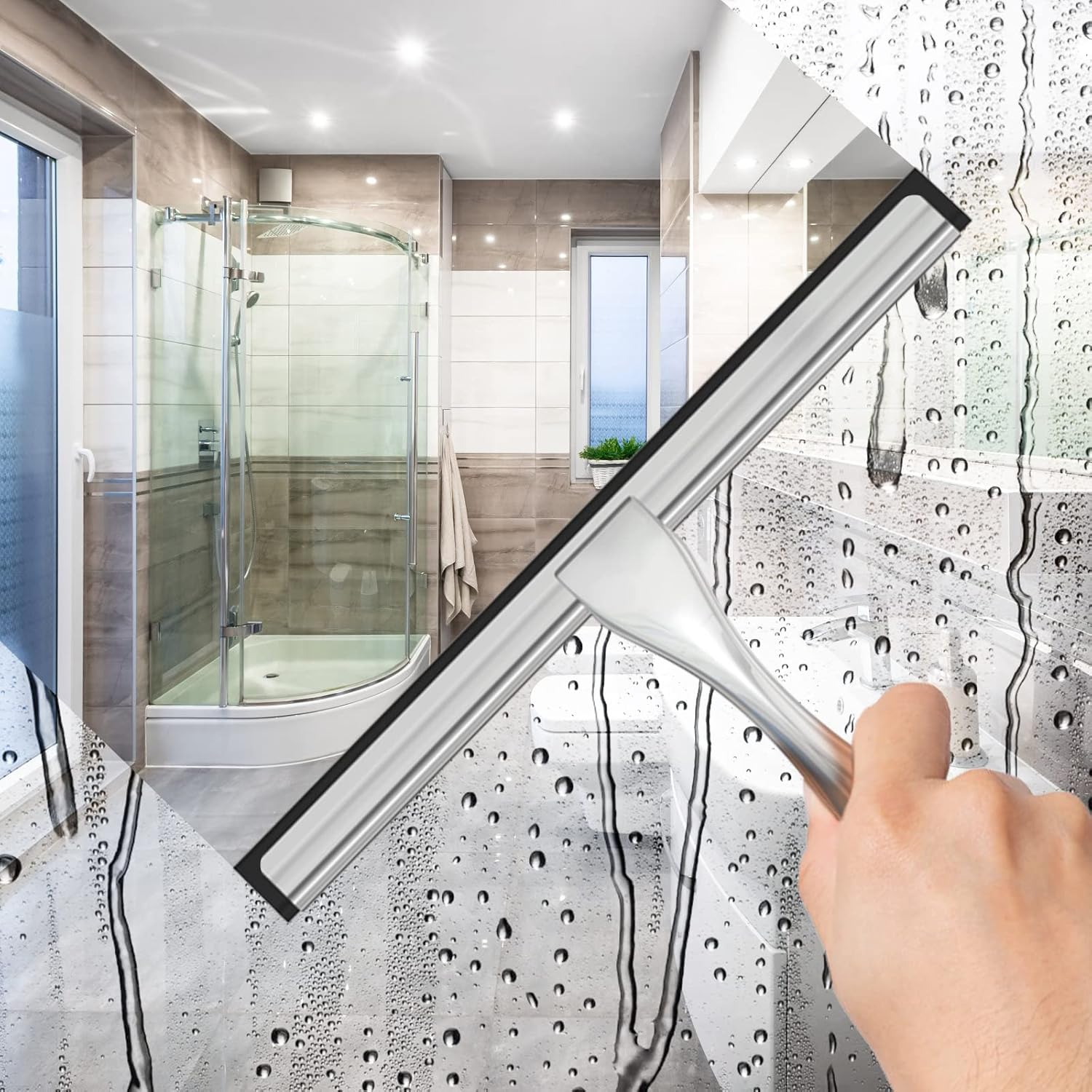 Multipurpose Stainless Steel Shower Scraper for Shower Glass Door with 2 Adhesive Hooks, Bathroom Cleaning Tools Window Mirror Scraper for Home, Clean Tile Wall, Car, 10 Inch (Approx. 25.4 cm) Silver - Image 3