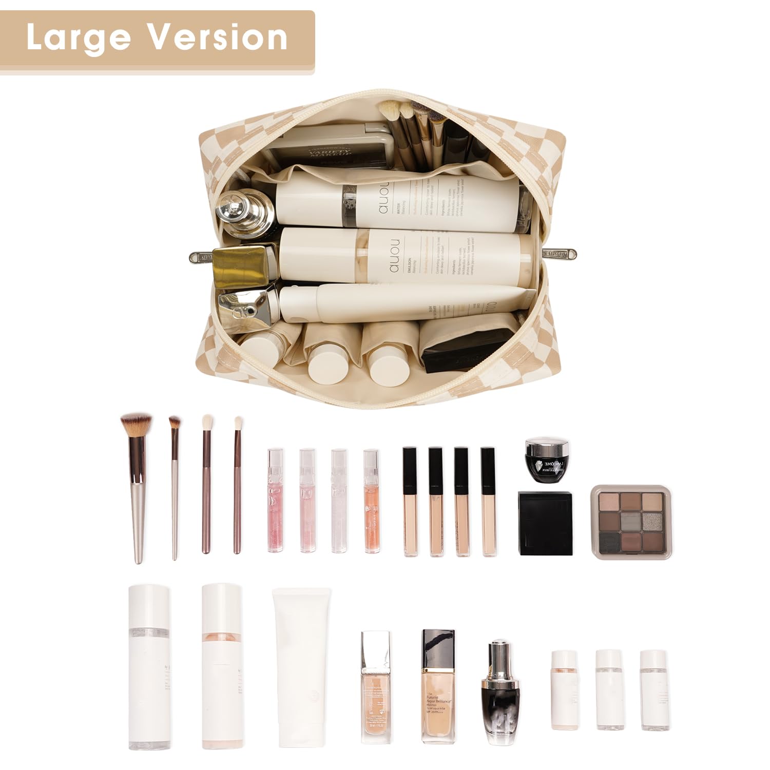 Checkered Makeup Bag Travel Makeup Bag Organizer Bag Makeup Bag Makeup Bag with Compartments for Ladies Girls (Large, Light Checkerboard) - Image 2