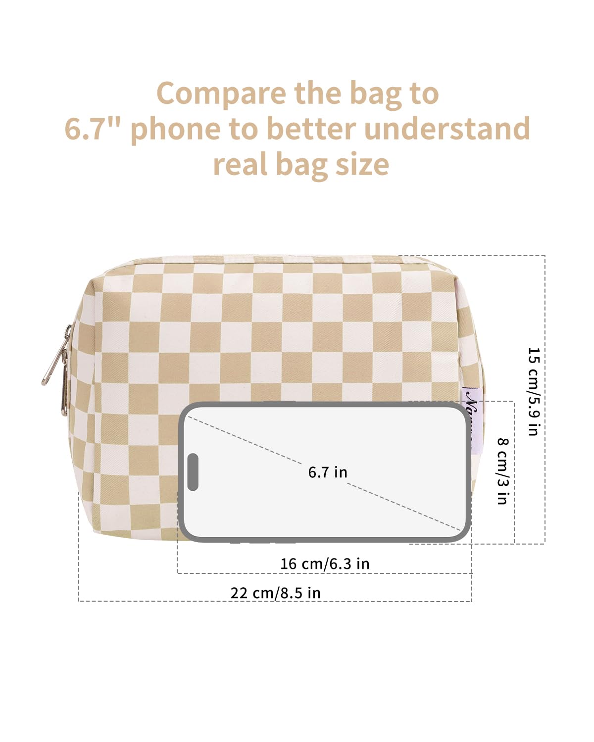 Checkered Makeup Bag Travel Makeup Bag Organizer Bag Makeup Bag Makeup Bag with Compartments for Ladies Girls (Large, Light Checkerboard) - Image 5